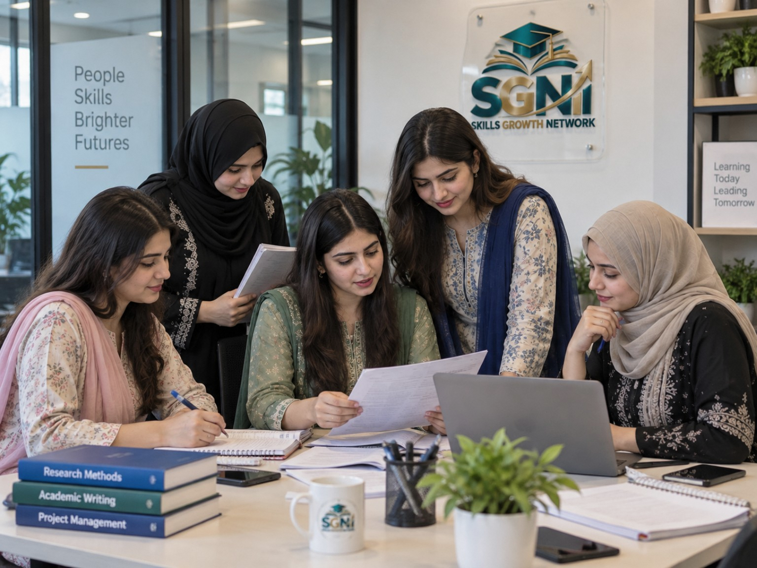 Skills Growth Network members reviewing assignment work together
